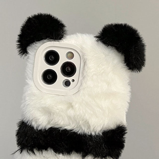 Warm black and white plush panda phone case