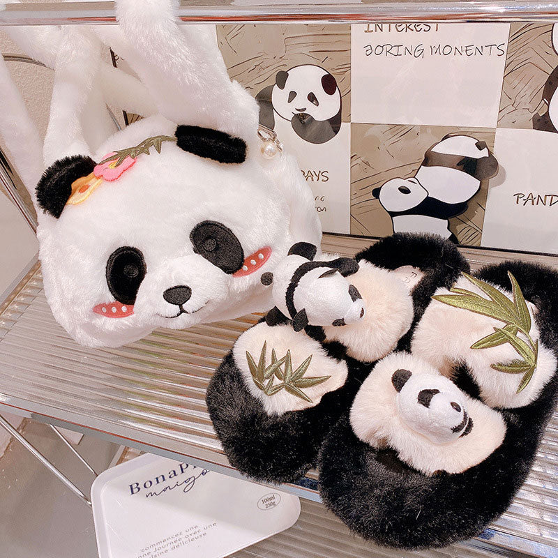 Bamboo leaf panda plush slippers