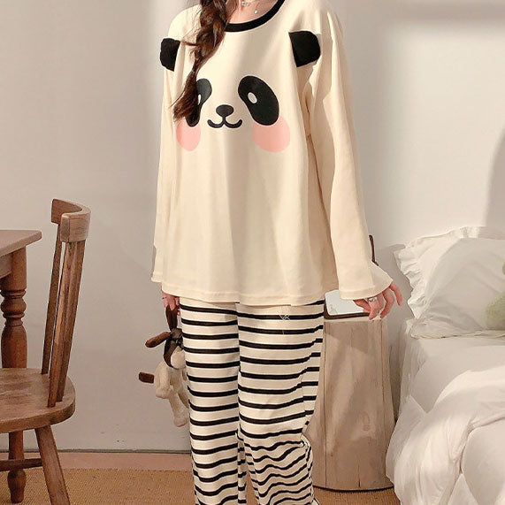 Long-sleeved round neck cartoon panda pajamas