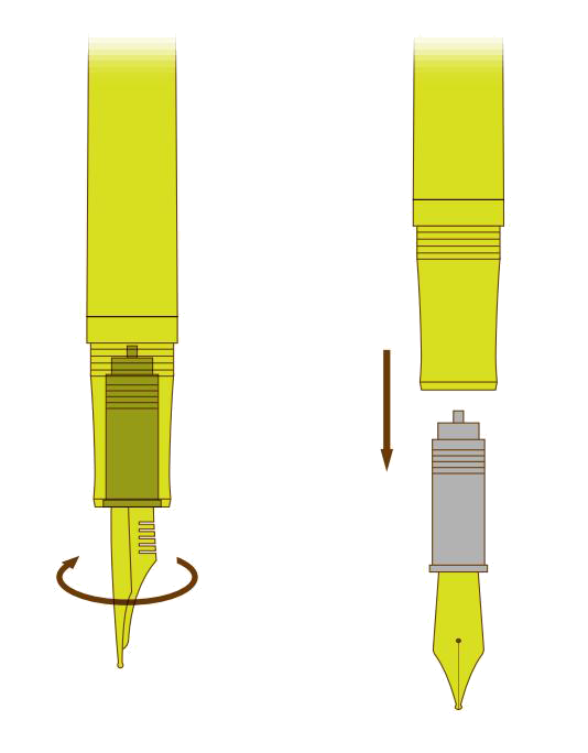Nib replacement steps — remove and install the nib unit